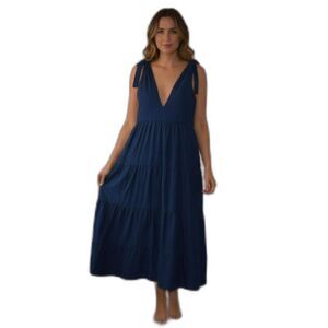 House Of Harlow 1960 Maxi Plunging Sleeveless Tie Tiered Linen Dress NWOT Large